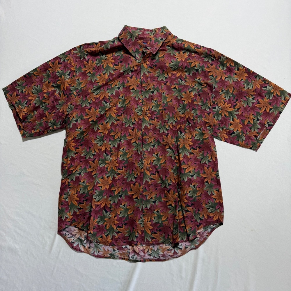 Straight Down 90s Vintage Mens L Leaf Print Button Up Golf Shirt Made in USA